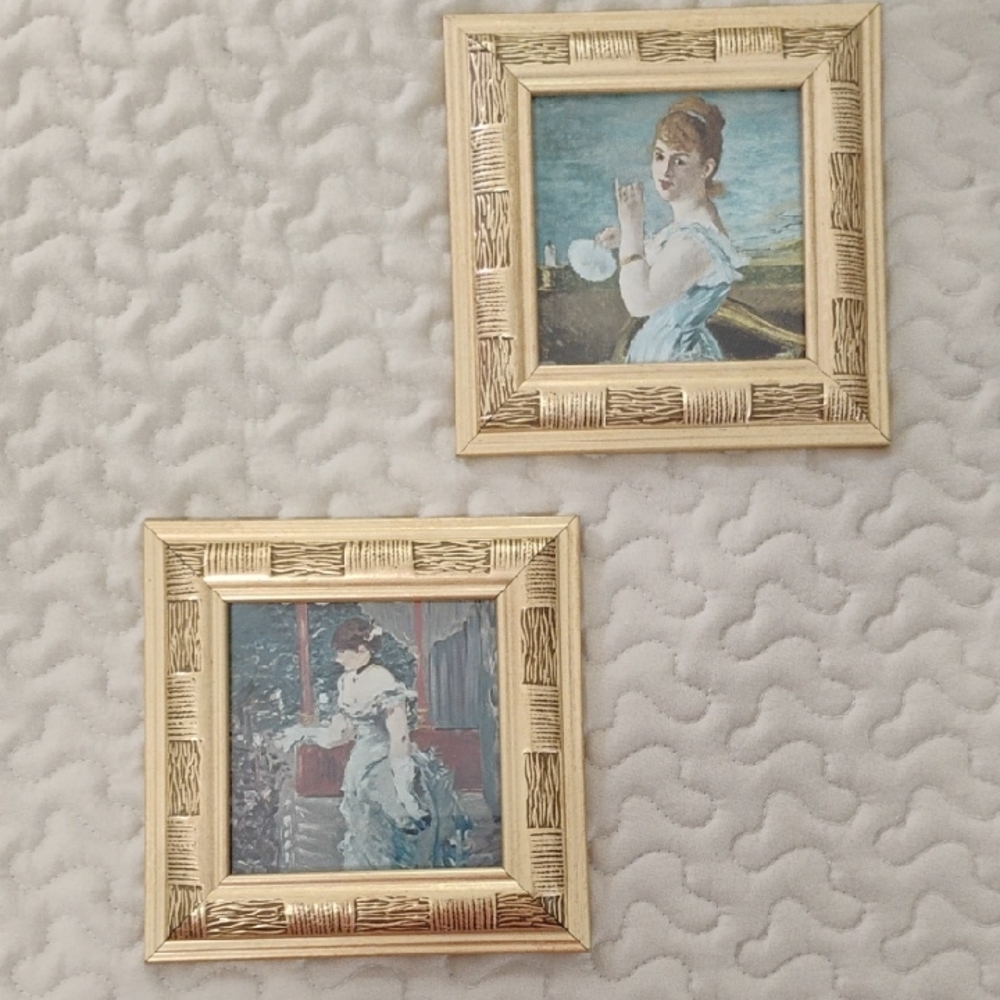 Vintage Gold Framed Impressionist Prints - Blue & White Portrait Set - 6x6